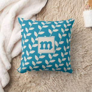 Custom Blue Retro Leaf Pattern Monogram Cushion
