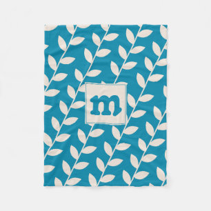 Custom Blue Retro Leaf Pattern Monogram Fleece Blanket