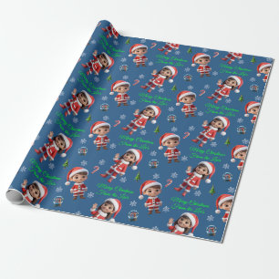 Custom Blue Santa Boy & Girl Cartoon Christmas Wrapping Paper