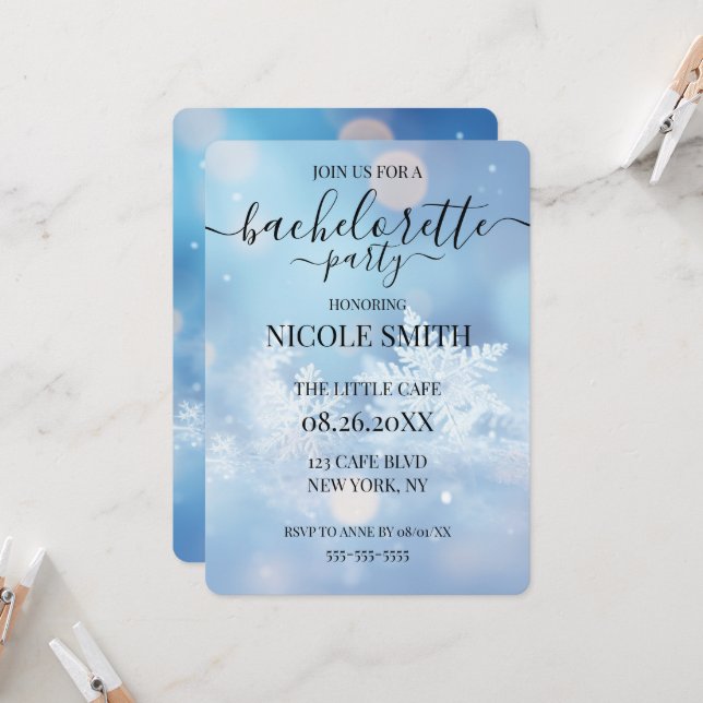 Custom Blue Snowflakes Bachelorette Party Invitation (Front/Back In Situ)