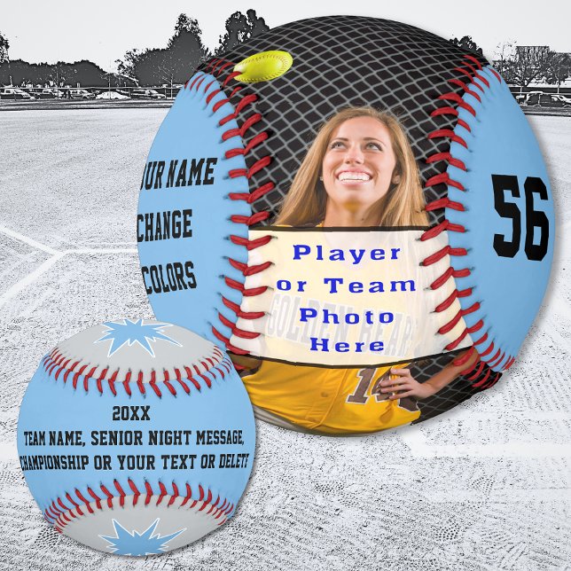 Custom Blue, Softball Picture Ball, Change COLORS. (Custom Softball. Personalized Softball. Photo Softball. Great, Gifts for Senior Softball Players.)