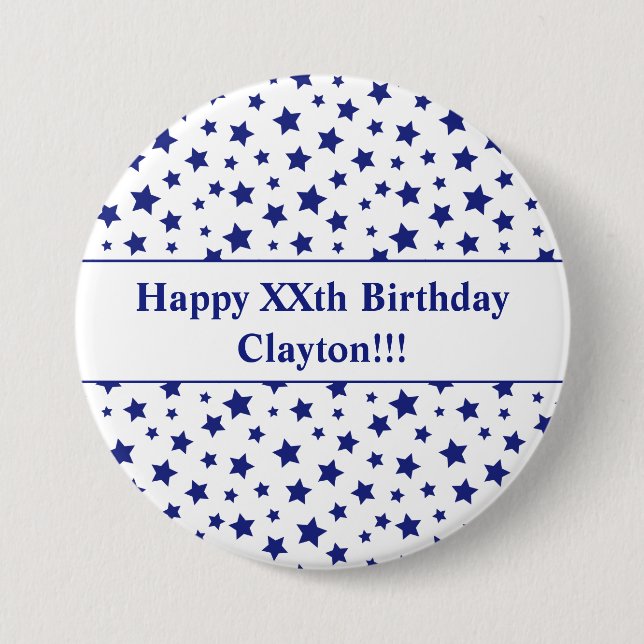 Custom Blue Stars With Message Birthday Button (Front)