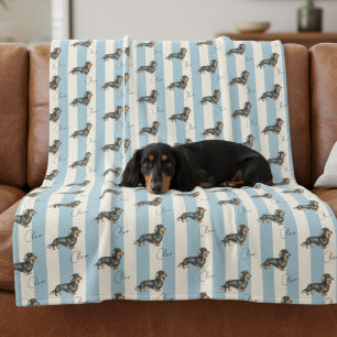 Custom Blue Stripe Dachshund Pet Name Fleece Blanket