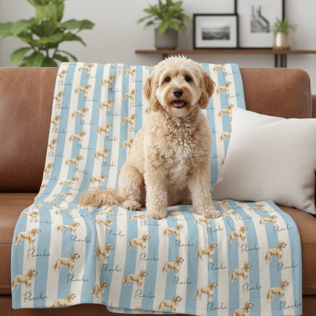 Custom Blue Stripe Golden Doodle Pet Name Fleece Blanket (Get cozy with this "Custom Blue Stripe Golden Doodle Pet Name Fleece Blanket"!)
