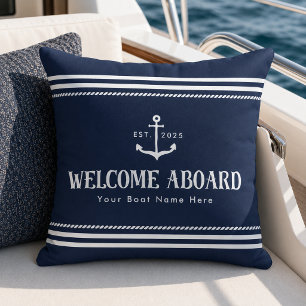 Custom Blue Striped Boat Nautical Welcome Aboard  Cushion