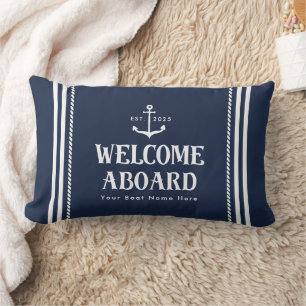 Custom Blue Striped Boat Nautical Welcome Aboard Lumbar Cushion