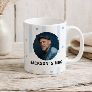 Custom Blue Stripes Heart Photo Name Mug 