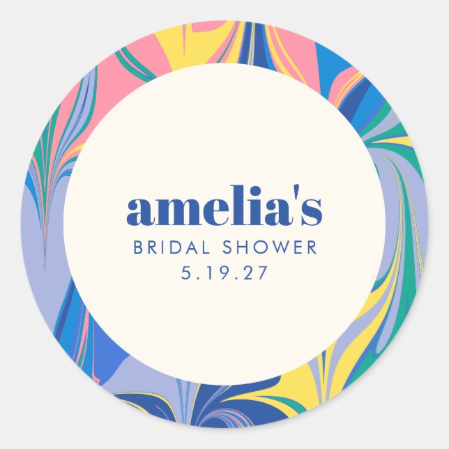 Custom Blue Swirl Fun Colourful Bridal Shower Part Classic Round Sticker (Front)