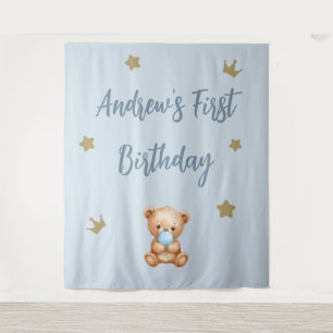 Custom Blue Teddy Bear Birthday Backdrop Tapestry