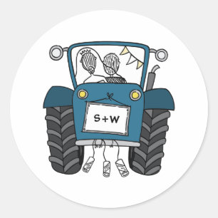 Custom Blue Tractor Country Barn Rustic Wedding Classic Round Sticker