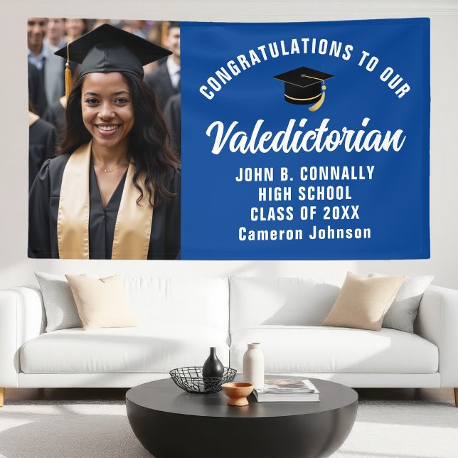 Custom Blue Valedictorian Photo Graduation Party Banner (Creator Uploaded)