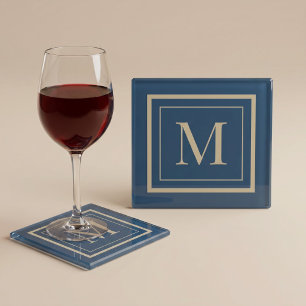 Custom Blue & Vanilla Framed Monogram Glass Coaster