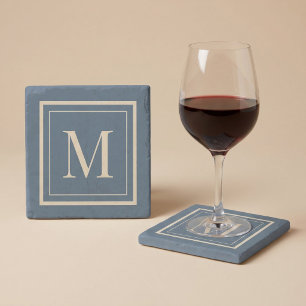 Custom Blue & Vanilla Framed Monogram Stone Coaster