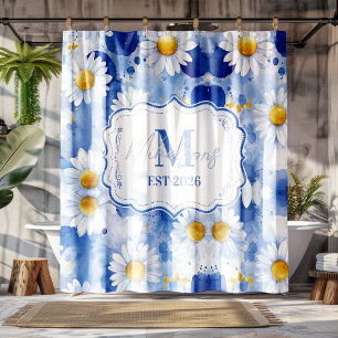 Custom Blue Watercolor Daisy Monogram Decor Shower Curtain