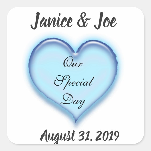 Custom Blue Wedding Heart Design Square Sticker (Front)