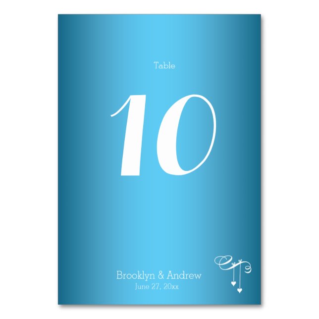 Custom Blue Wedding Table Number Cards Hearts (Front)