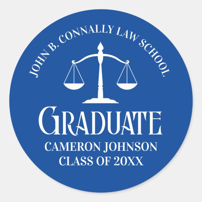 Custom Blue White Law School Graduation Party Classic Round Sticker (Front)