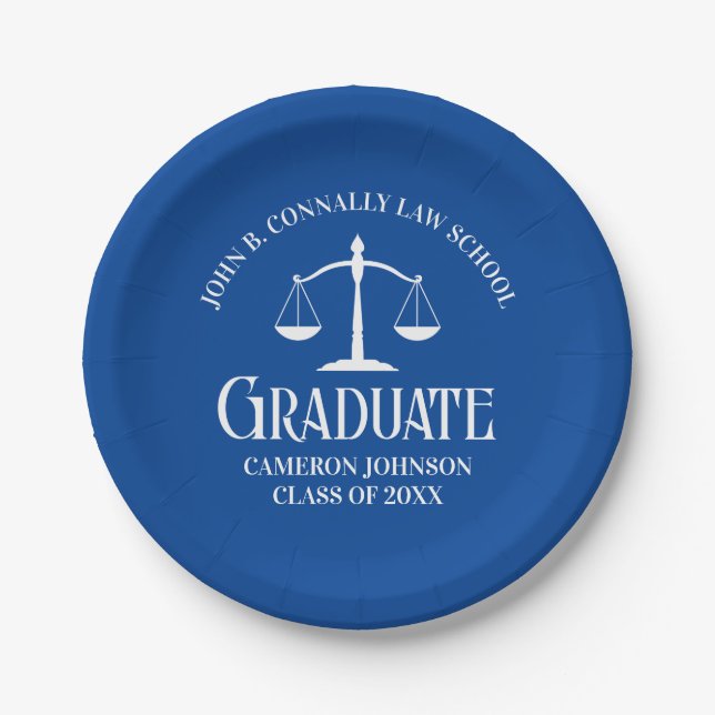 Custom Blue White Law School Graduation Party Paper Plate (Front)