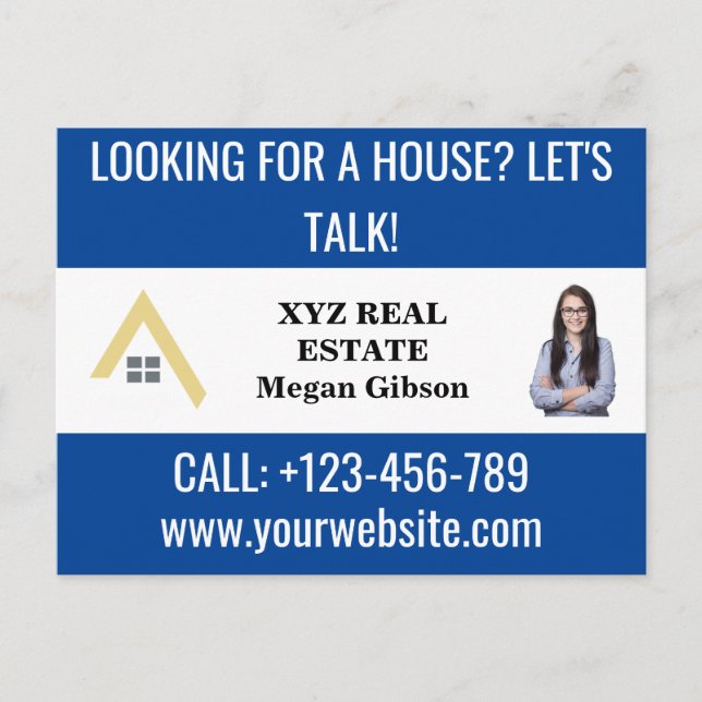 Custom Blue White Real Estate Logo Promotional  Postcard (Front)
