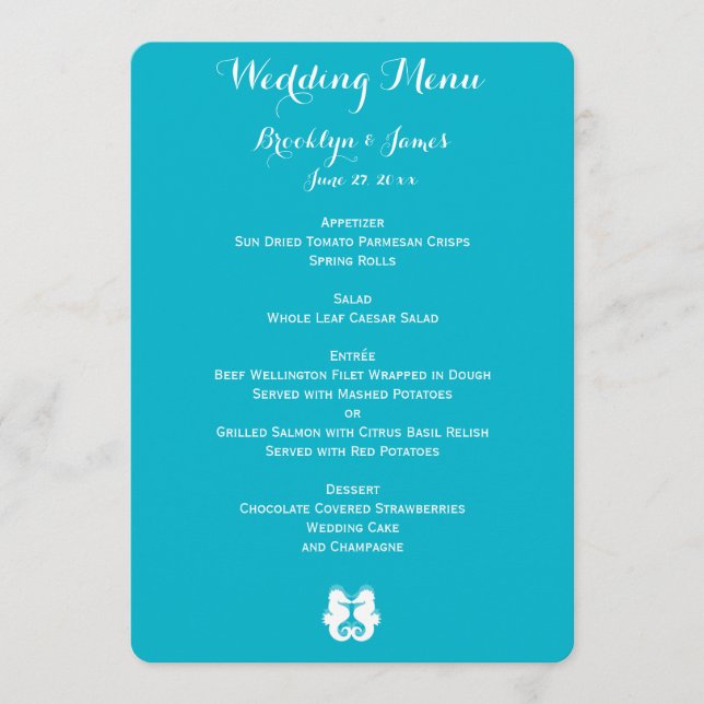 Custom Blue White Seahorse Wedding Menu (Front)