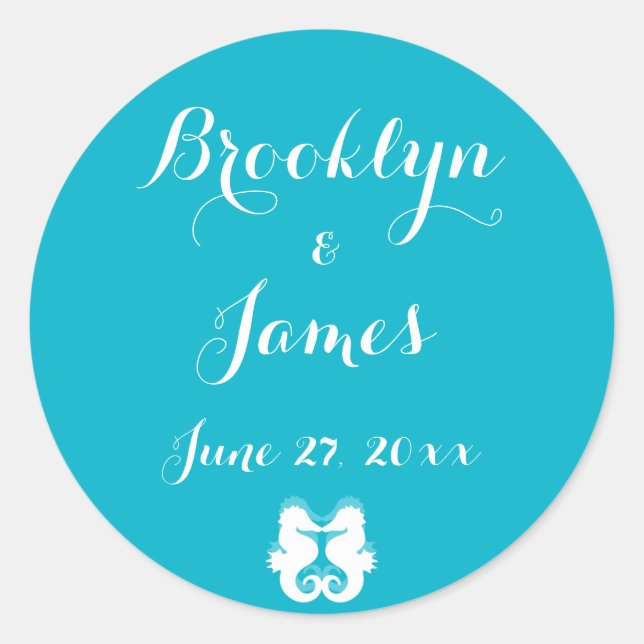 Custom Blue White Seahorse Wedding Stickers (Front)