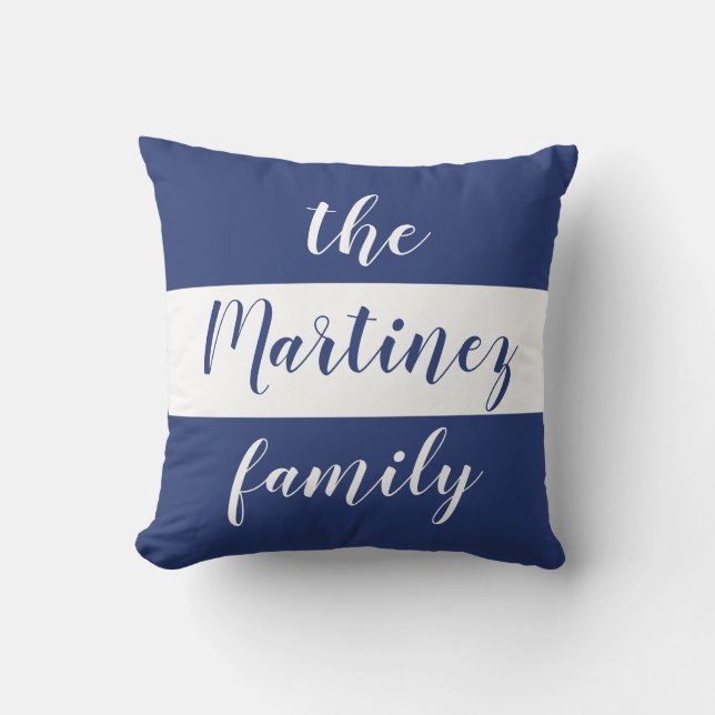 Custom Blue White Stripes Family Name Cushion (Front)