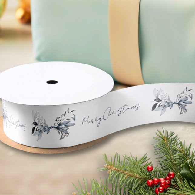 Custom Blue Winter Foliage Merry Christmas Holiday Satin Ribbon (Creator Uploaded)