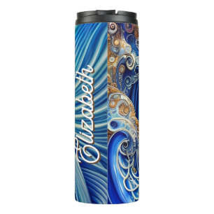 Custom Blue with Gold Abstract Ocean Waves Artwork Thermal Tumbler