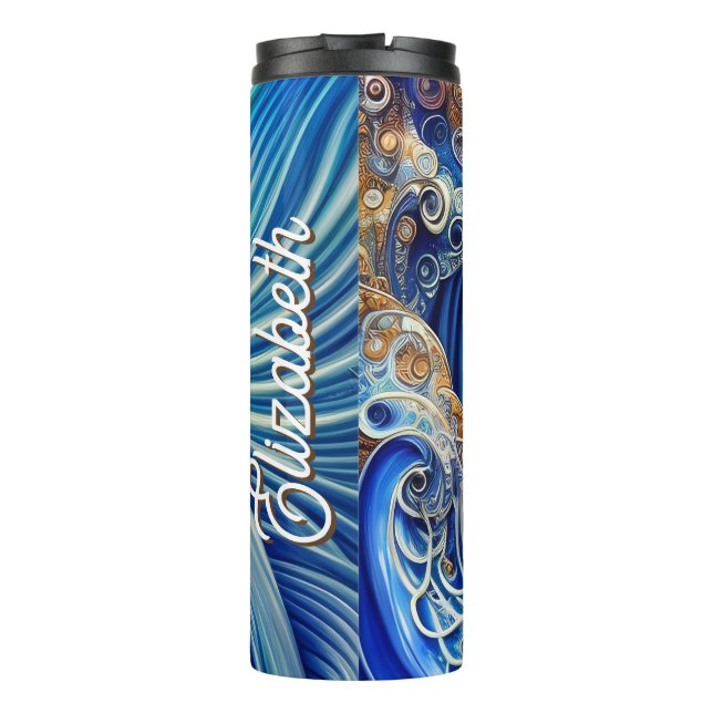 Custom Blue with Gold Abstract Ocean Waves Artwork Thermal Tumbler (Back)