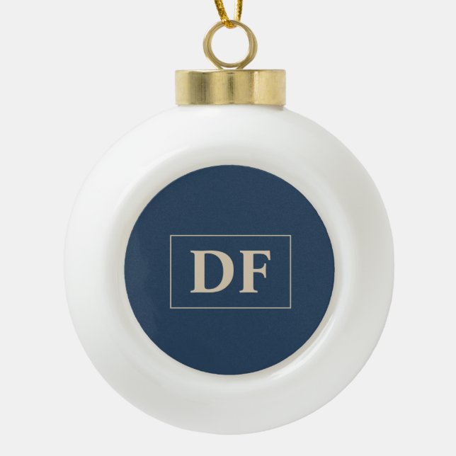 Custom Blue With Vanilla Initials Ceramic Ball Christmas Ornament (Front)