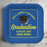 Custom Blue Yellow Graduation Party Square Paper Plate<br><div class="desc">This modern blue and yellow custom graduation party paper plate features classy typography of your high school or college name for the class of 2025. Customise with your graduating year under the chic handwritten script and black grad cap for great personalised graduate decor.</div>