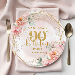 Custom Blush Floral Gold Glitter 90th Birthday Paper Plate