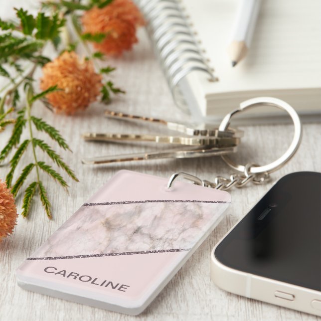 Custom Blush Mauve Pink Glitter Stripes Pattern Key Ring (Front Right)