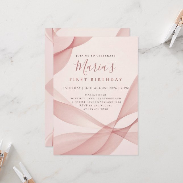 Custom Blush Pink Abstract Wave First Birthday Invitation (Front/Back In Situ)