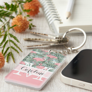 Custom Blush Pink Flamingoes Palm Leafs Pattern Key Ring