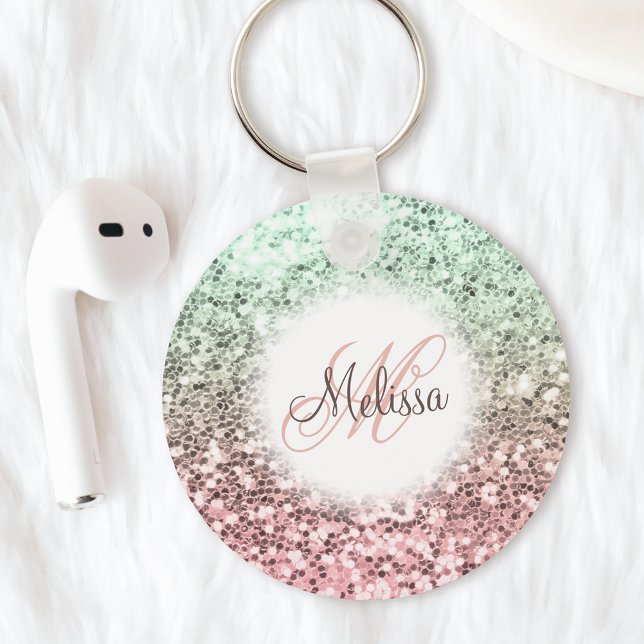 Custom Blush Pink Green Glitter Monogram Name Key Ring (Creator Uploaded)