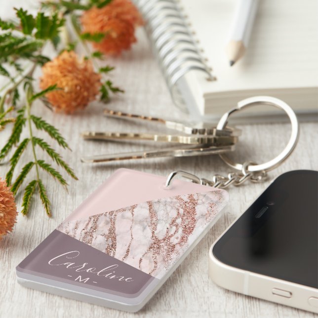Custom Blush Pink Rose Gold Marbled Art Pattern  Key Ring (Front Right)