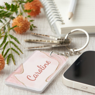Custom Blush Pink Rose Gold Marbled Art Pattern  Key Ring