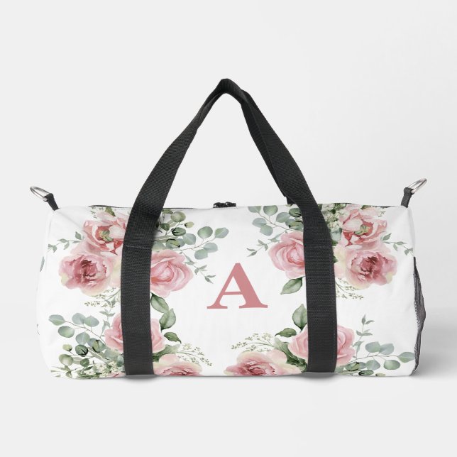 Custom Blush Pink Rose Travelers Monogram  Duffle Bag (Front)