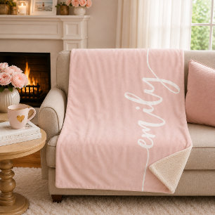 Custom Blush Pink White Calligraphy Name Sherpa Blanket