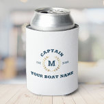 Custom Boat Captain Monogram Gold Laurel Nautical Can Cooler<br><div class="desc">Custom modern vintage boat can cooler with cool navy blue nautical lettering reading CAPTAIN,  your monogram in a printed golden laurel,  and your personalised boat name. Great gift for a boating trip,  your own sailboat,  yacht,  or boat crew.</div>