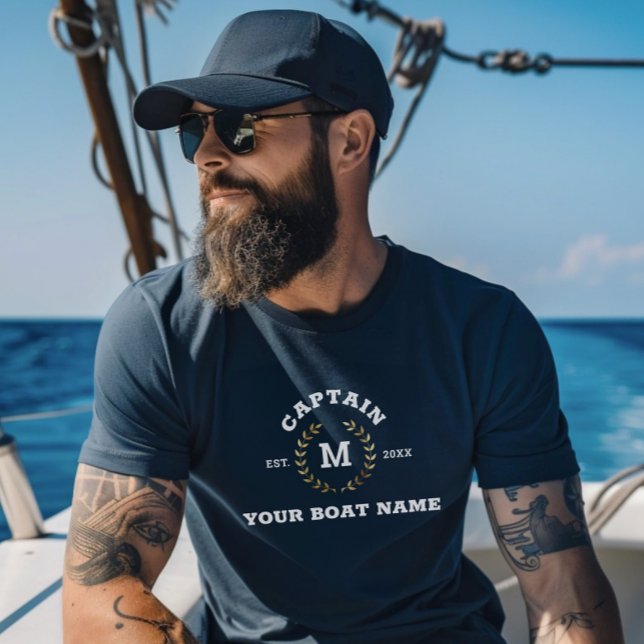 Custom Boat Captain Monogram Gold Laurel Nautical T-Shirt (Creator Uploaded)