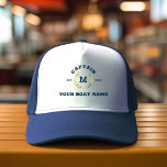 Custom Boat Captain Monogram Gold Laurel Nautical Trucker Hat<br><div class="desc">Custom modern vintage boat hat with cool navy blue nautical lettering reading CAPTAIN,  your monogram in a printed golden laurel,  and your personalised boat name. Great gift for a boating trip,  your own sailboat,  yacht,  or boat crew.</div>