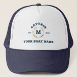 Custom Boat Captain Monogram Gold Laurel Nautical Trucker Hat<br><div class="desc">Custom modern vintage boat hat with cool navy blue nautical lettering reading CAPTAIN,  your monogram in a printed golden laurel,  and your personalised boat name. Great gift for a boating trip,  your own sailboat,  yacht,  or boat crew.</div>