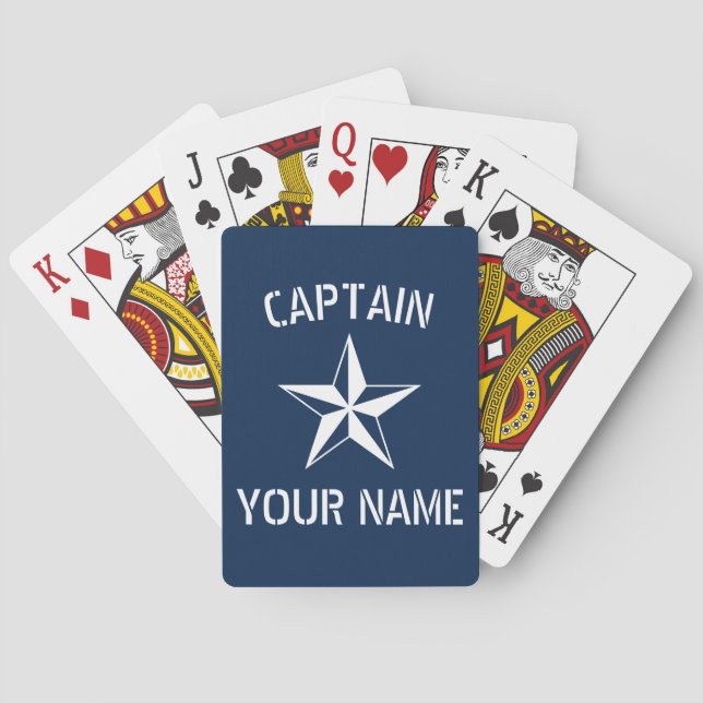 Custom boat captain name nautical star navy blue playing cards (Back)