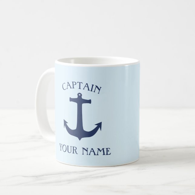 Custom boat captain name navy anchor coffee mug (Front Left)