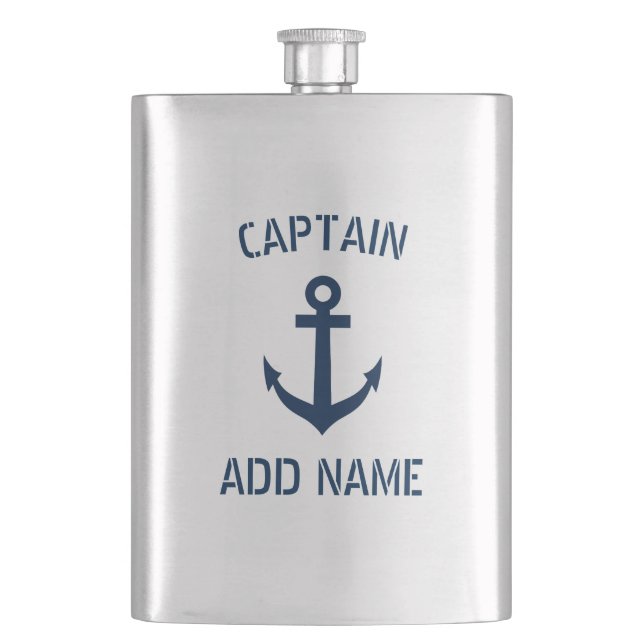 Custom boat captain name navy anchor steel flask (Front)
