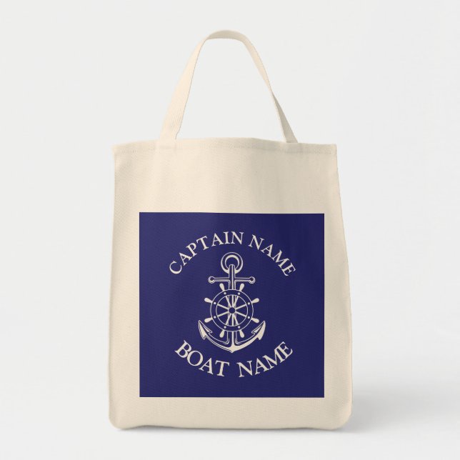 Custom boat captain name navy nautical sailor butt tote bag (Front)