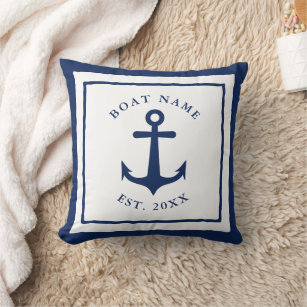 Custom Boat Name Anchor White Navy Blue Nautical Cushion