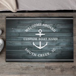 Custom Boat Name Driftwood Welcome Aboard Anchor Doormat